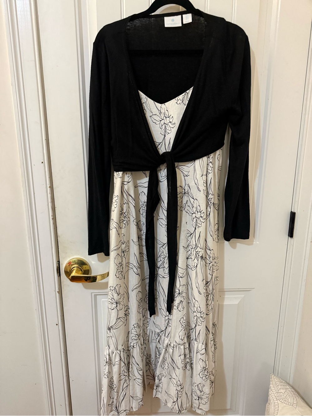 Cynthia Rowley Black Tie-Front Cardigan with Ivory Floral Maxi Dress